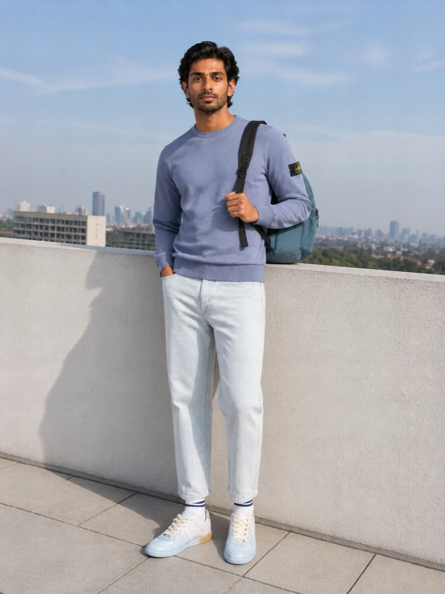 Soft periwinkle and ice-grey denim keep this Stone Island pairing light, clean and quietly graphic. The straight-leg proportions and low profile sneaker create an easy, athletic line that feels modern without trying too hard. A slate-toned technical backpack completes it with just enough structure for daily city wear.