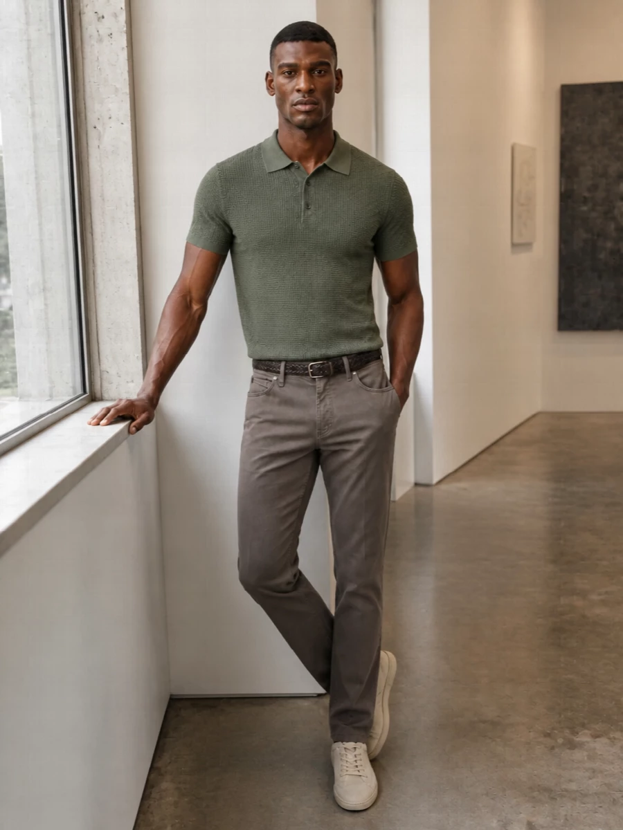 A sage knit polo meets muted taupe chinos for a calm, tonal take on smart warm-weather dressing. Sand suede sneakers and a dark olive braided belt keep everything soft but intentional, ideal for days that move from city errands to a discreet dinner. The result feels relaxed in wear yet composed in line, with subtle shifts in texture doing all the work.