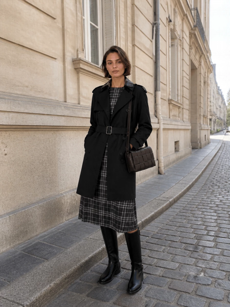 This look leans into a heritage-meets-modern uniform: a black Burberry trench layered over the charcoal plaid midi dress, cinching the waist and keeping the line long and sharp. Black riding boots and a dark chocolate intrecciato shoulder bag ground the palette and add tactile depth, delivering a quietly authoritative FW city outfit that moves seamlessly from boardroom to dinner. Opting for the dress route keeps the checks controlled and refined, avoiding the over-styled feel that a check shirt plus trench-inspired bottom might create.