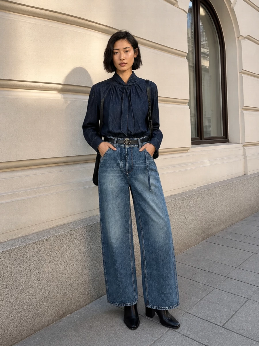 Dries van noten denim wide leg jeans outfit