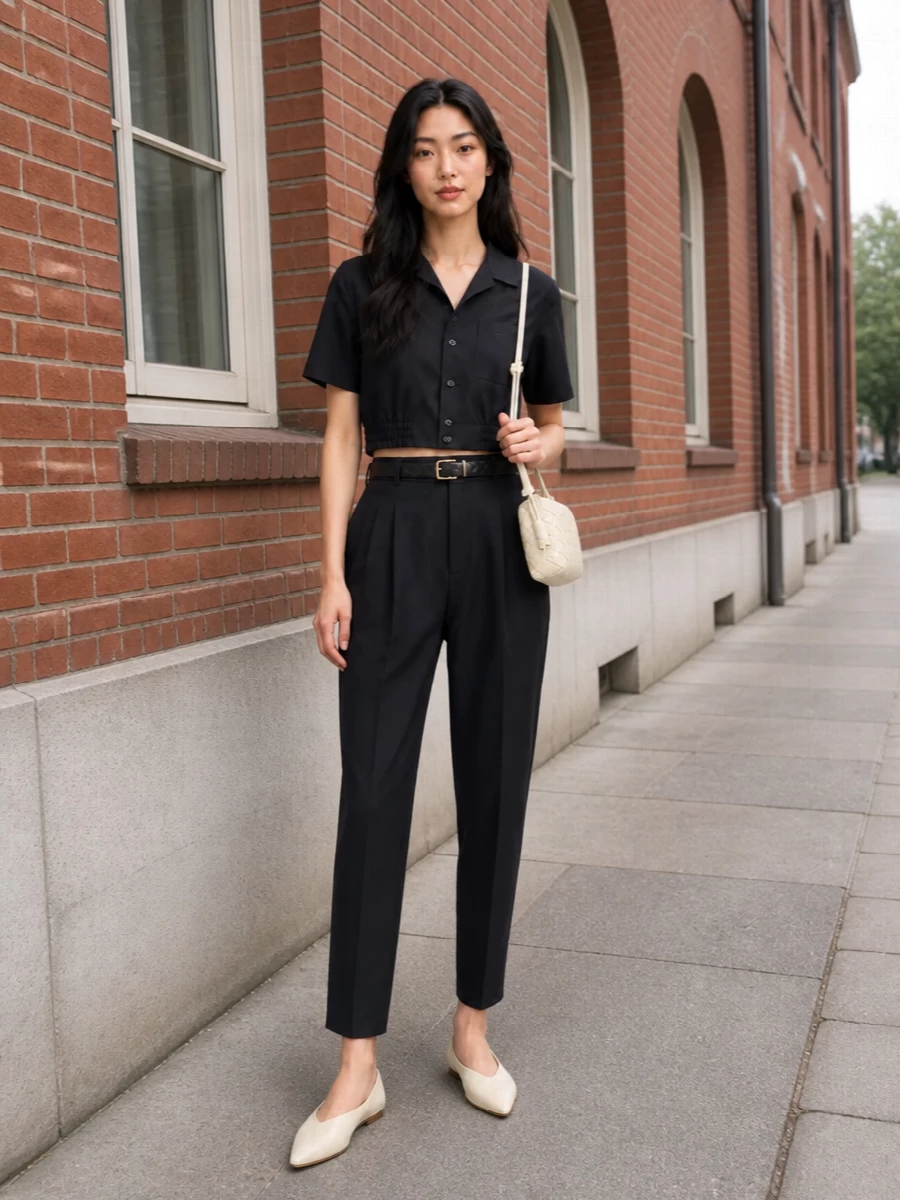 Bottega veneta navy shirt tapered trousers outfit