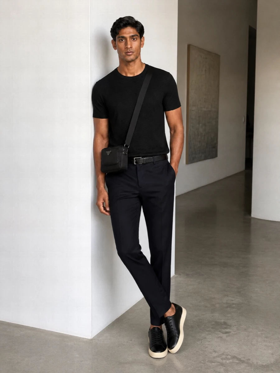 Giorgio armani black tee navy trouser outfit