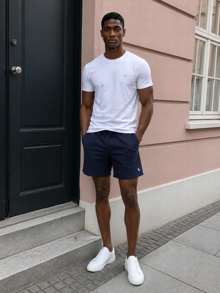 A crisp white tee with navy deck shorts creates a quietly preppy base in a classic maritime palette. Clean white court sneakers keep the mood relaxed but considered. A black A.P.C. tote adds a graphic, city-ready finish without cluttering the simplicity.