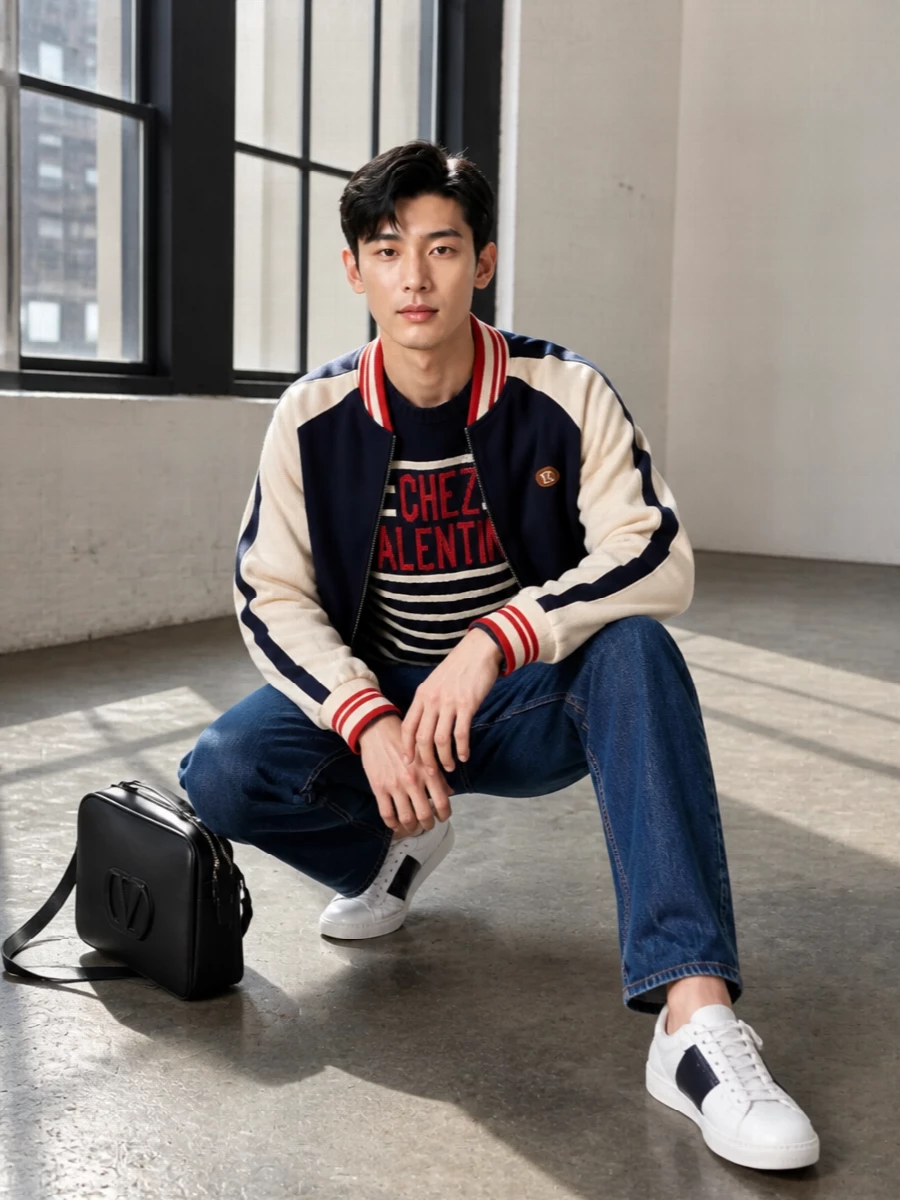 Valentino varsity bomber striped sweater jeans