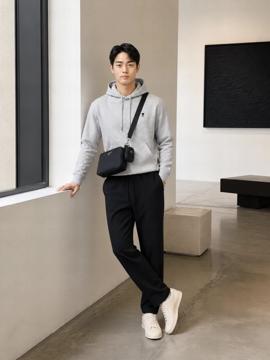 Ami paris black trousers grey hoodie outfit