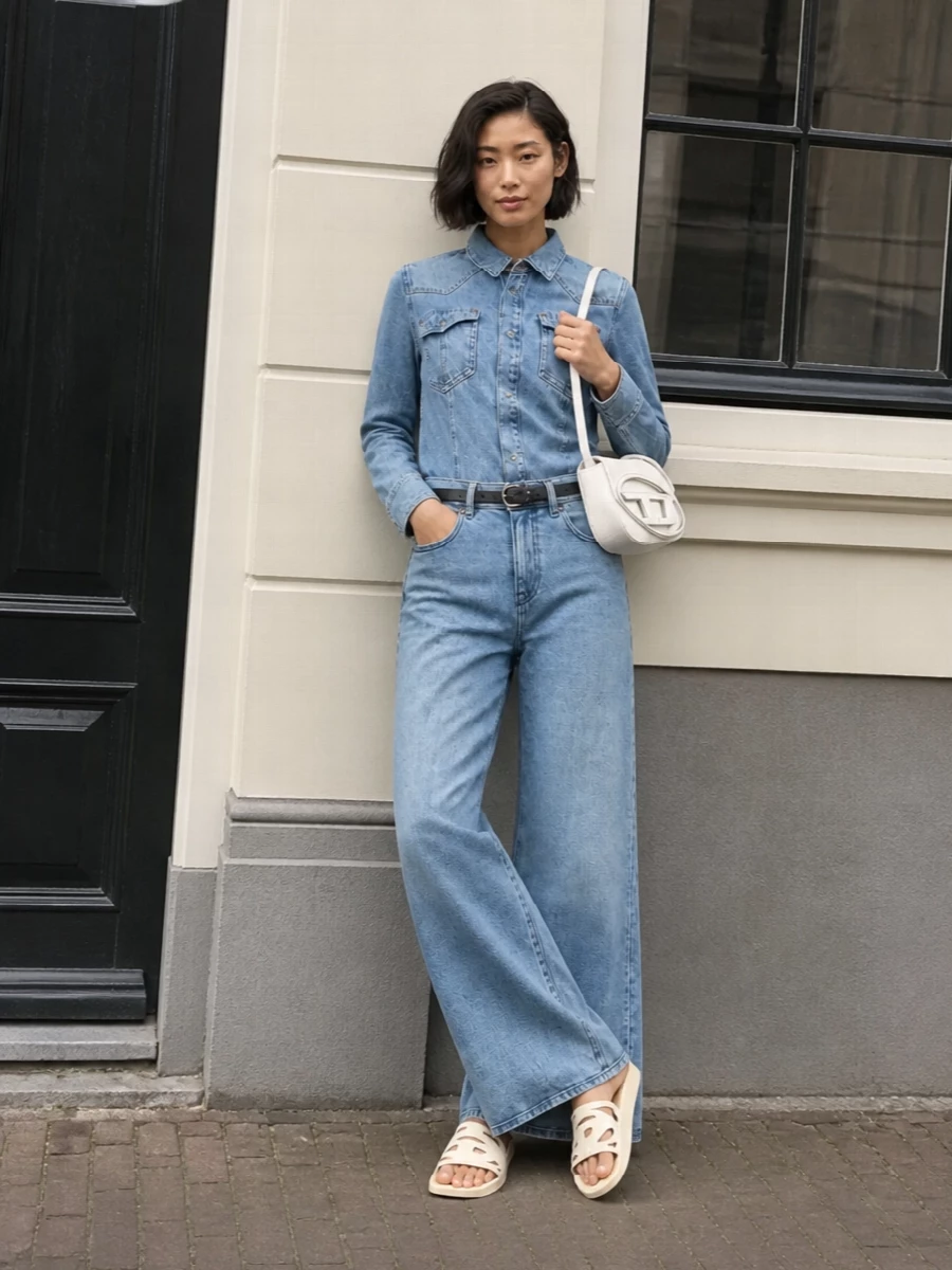 Diesel denim shirt wide leg jeans outfit