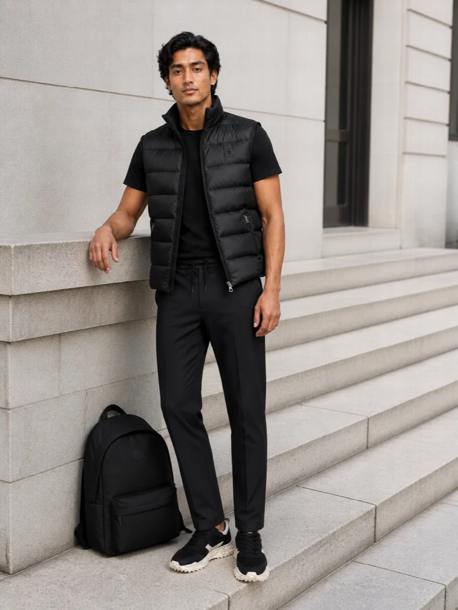 Moncler padded gilet black sneaker outfit