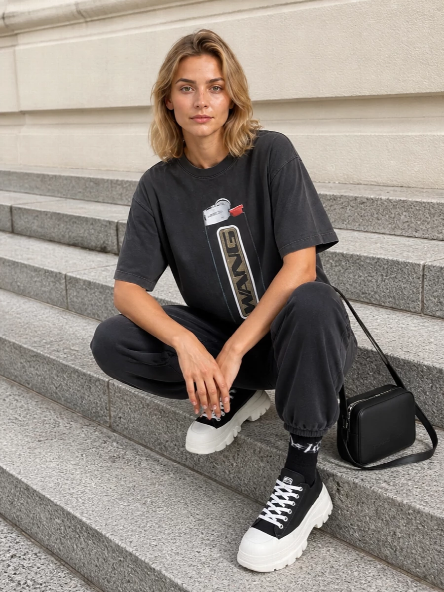 Pure downtown off duty: the washed charcoal graphic tee falls over relaxed washed‑black cuffed track pants for a slouchy, graphic base that still reads intentional. Chunky monochrome sneakers and a slim black shoulder bag keep the palette tight and the lines clean, so the lighter motif stays the focal point. Logo socks just tip in a styled, insider finish without breaking the mood.
