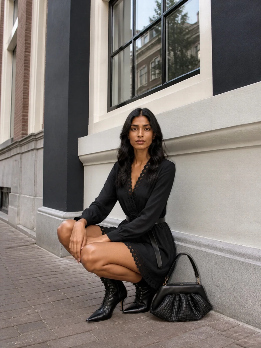 Inky lace, a cinched waist, and sharp ankle boots give this mini wrap dress a quietly sultry edge that still feels unfussy. The woven black shoulder bag adds texture and structure, keeping the palette deep and cohesive for dinners, gallery evenings, or low-lit cocktails. The slim knot belt is the finishing touch that makes the wrap feel intentional and sculpted rather than relaxed.
