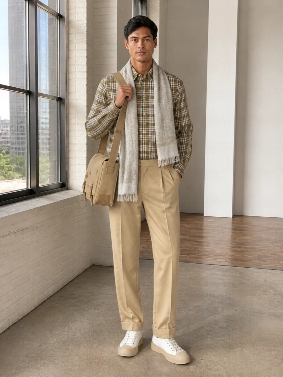 Marni checked shirt beige pleated trousers outfit