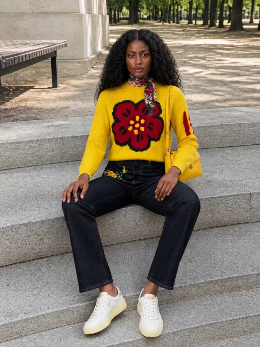 Kenzo floral sweater dark jeans yellow bag
