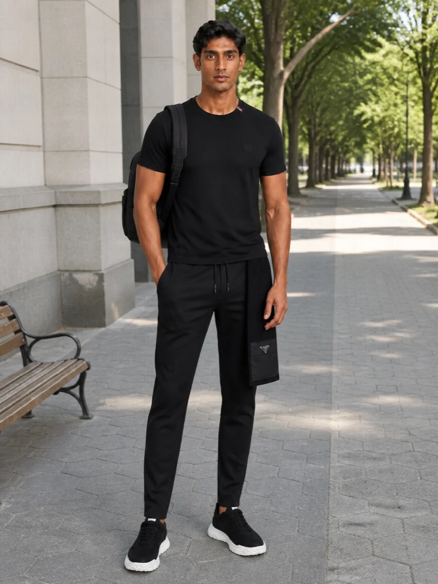 Moncler black tshirt joggers sneakers outfit