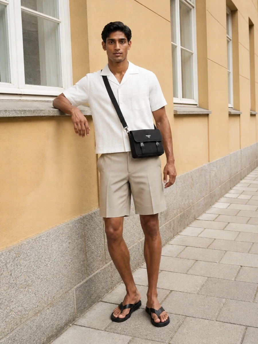 Prada resort shirt tailored shorts black sandals