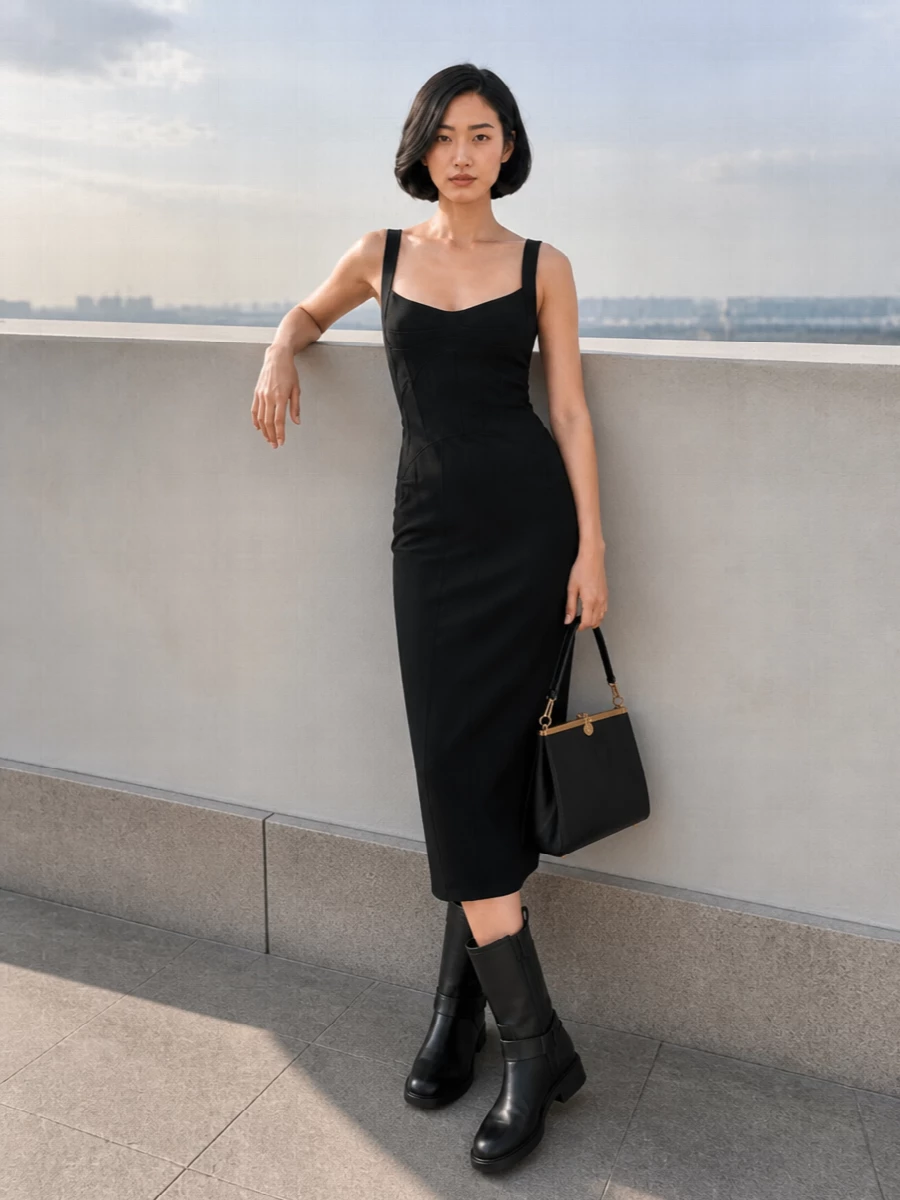 black midi dress with ankle boots The Attico Fendi Shoulder Maxi Dress