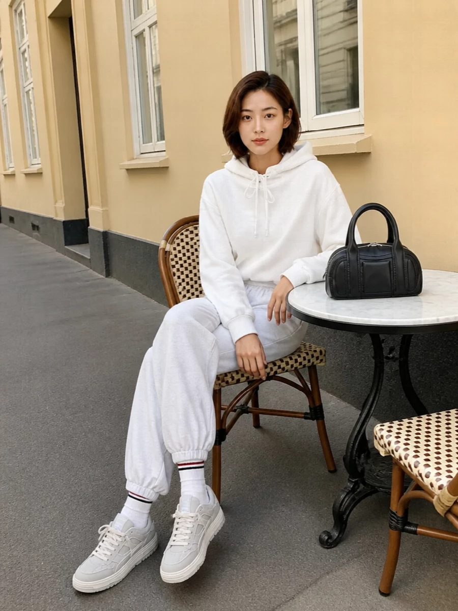 Soft grey joggers and a cropped white hoodie frame an easy, monochrome take on athleisure that feels considered rather than casual. Tonal sneakers and ribbed socks keep the palette clean from waistband to sole, while a structured black mini bag adds just enough edge for the city. The result is a relaxed track-inspired set that reads refined and streamlined in motion.