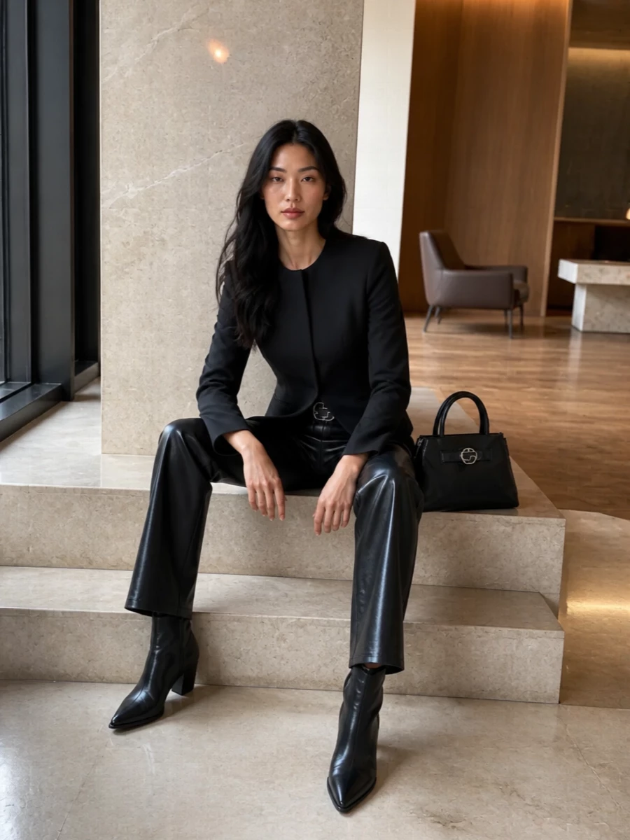 High-rise coated trousers anchor a razor-clean black tailored jacket, creating a lean, structured column in gunmetal tones. Pointed black Chelsea boots and a sculpted trapeze bag keep everything sharp yet quietly relaxed. A slim tonal belt defines the waist so the straight leg reads long rather than heavy.
