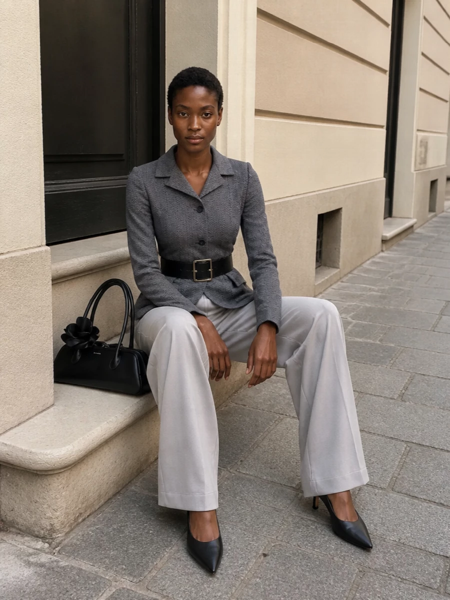 Magda butrym peplum jacket grey wide leg trousers