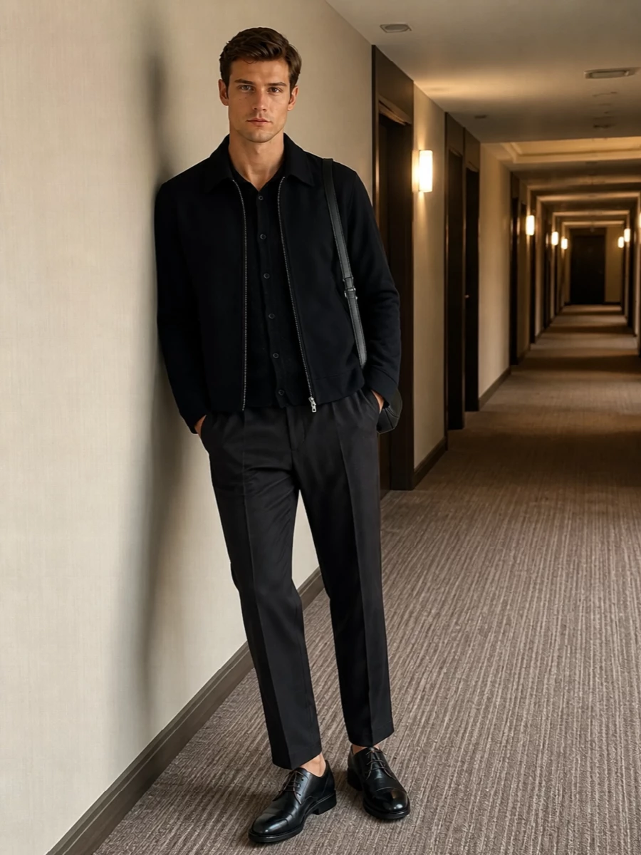 Our legacy black zip jacket charcoal trousers