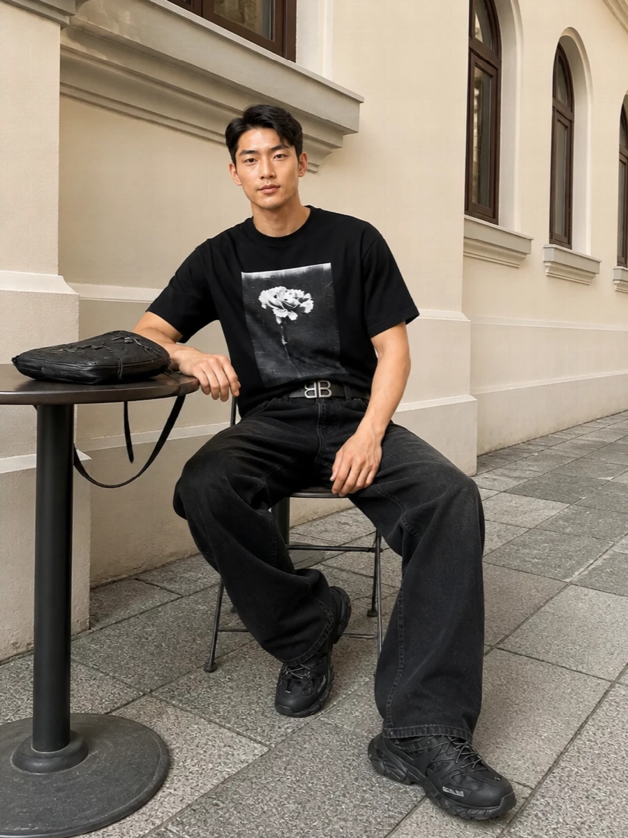 Balenciaga black wide leg jeans sneakers outfit