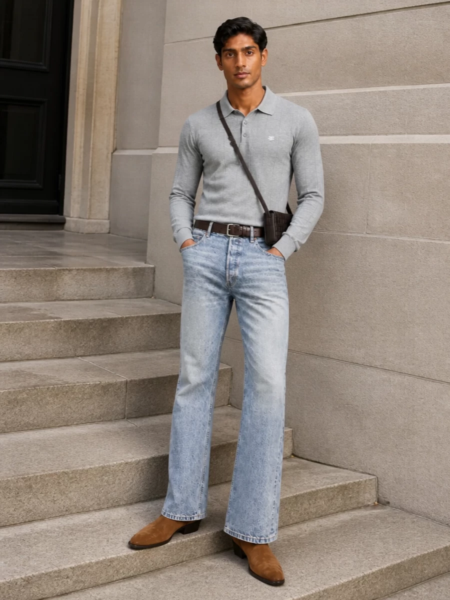 Celine flared jeans knit polo suede boots