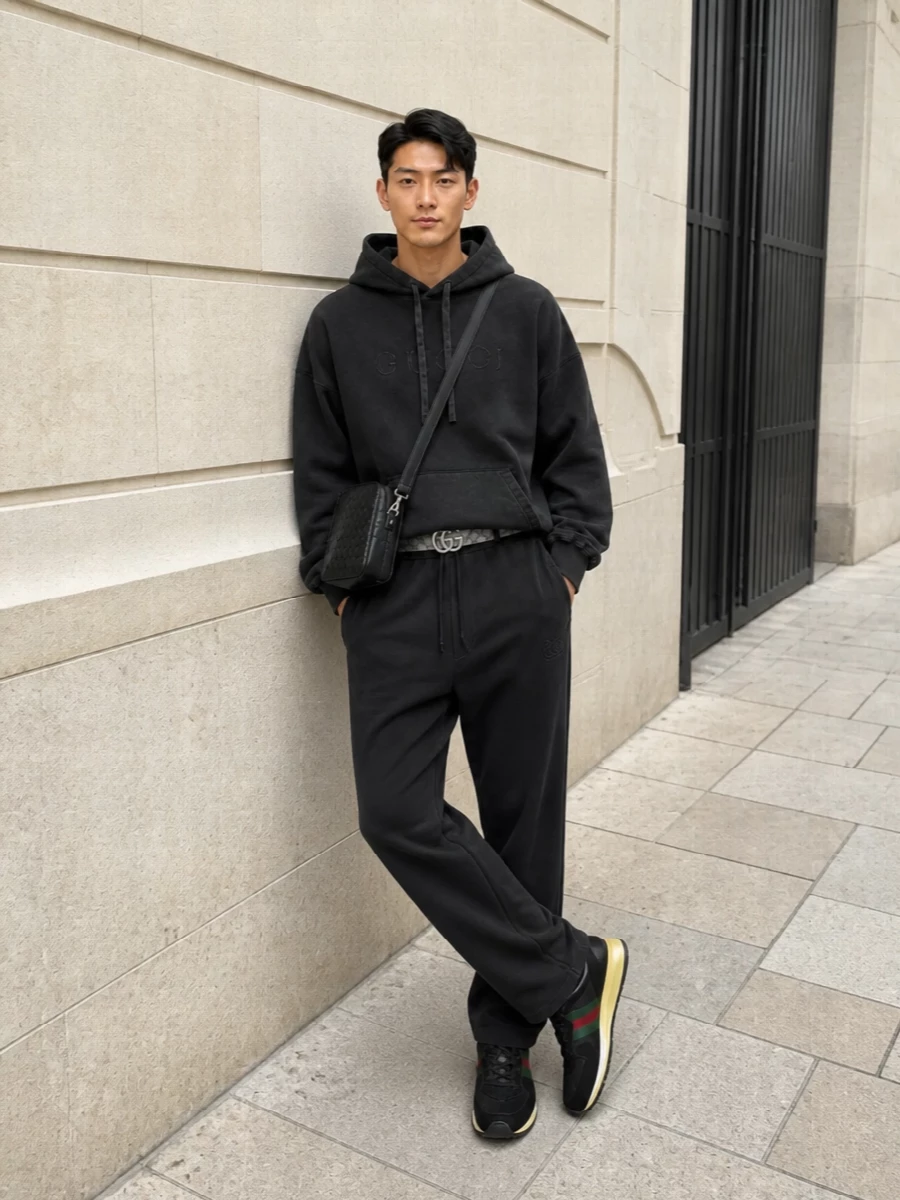 Gucci black track pants hoodie athleisure outfit