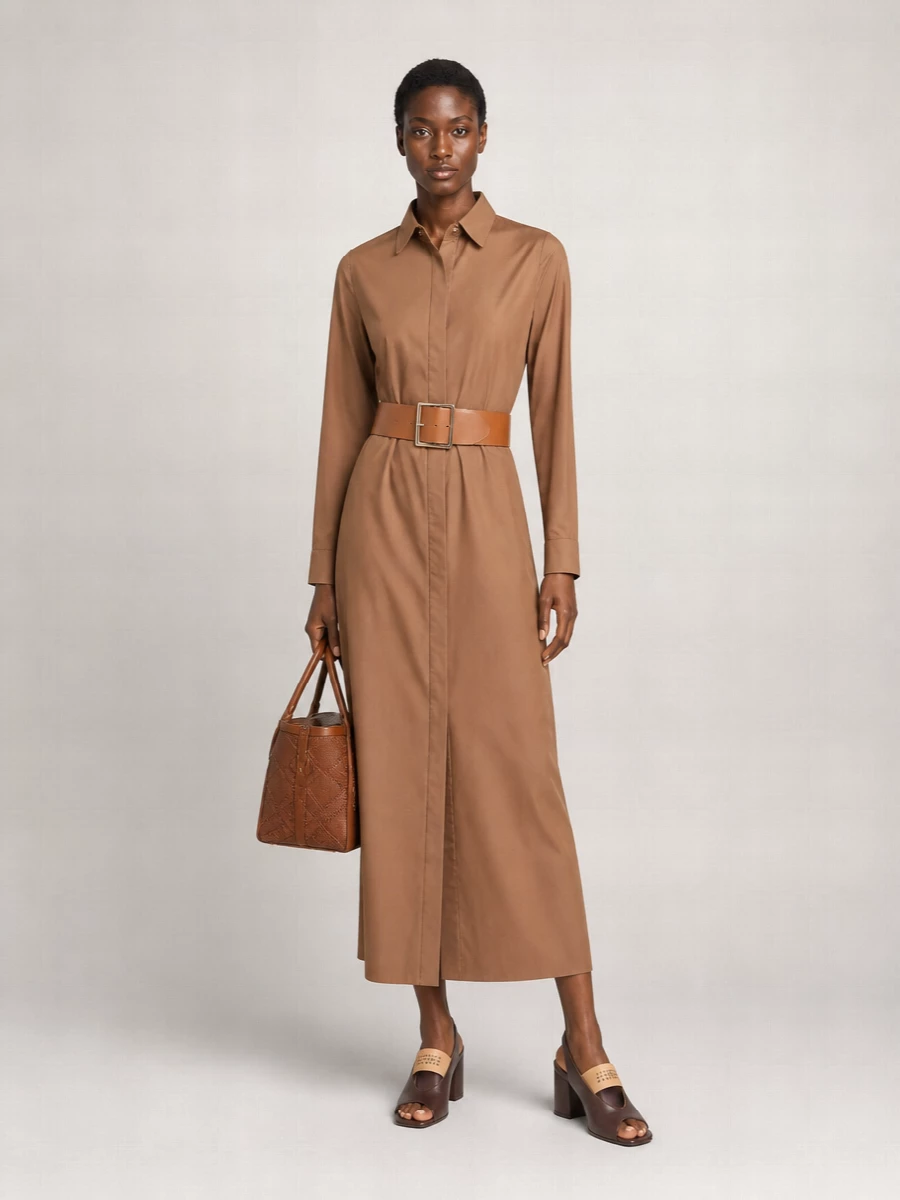 S Max Mara Cotton V-Neck Long-Sleeve Midi Shirt Dress