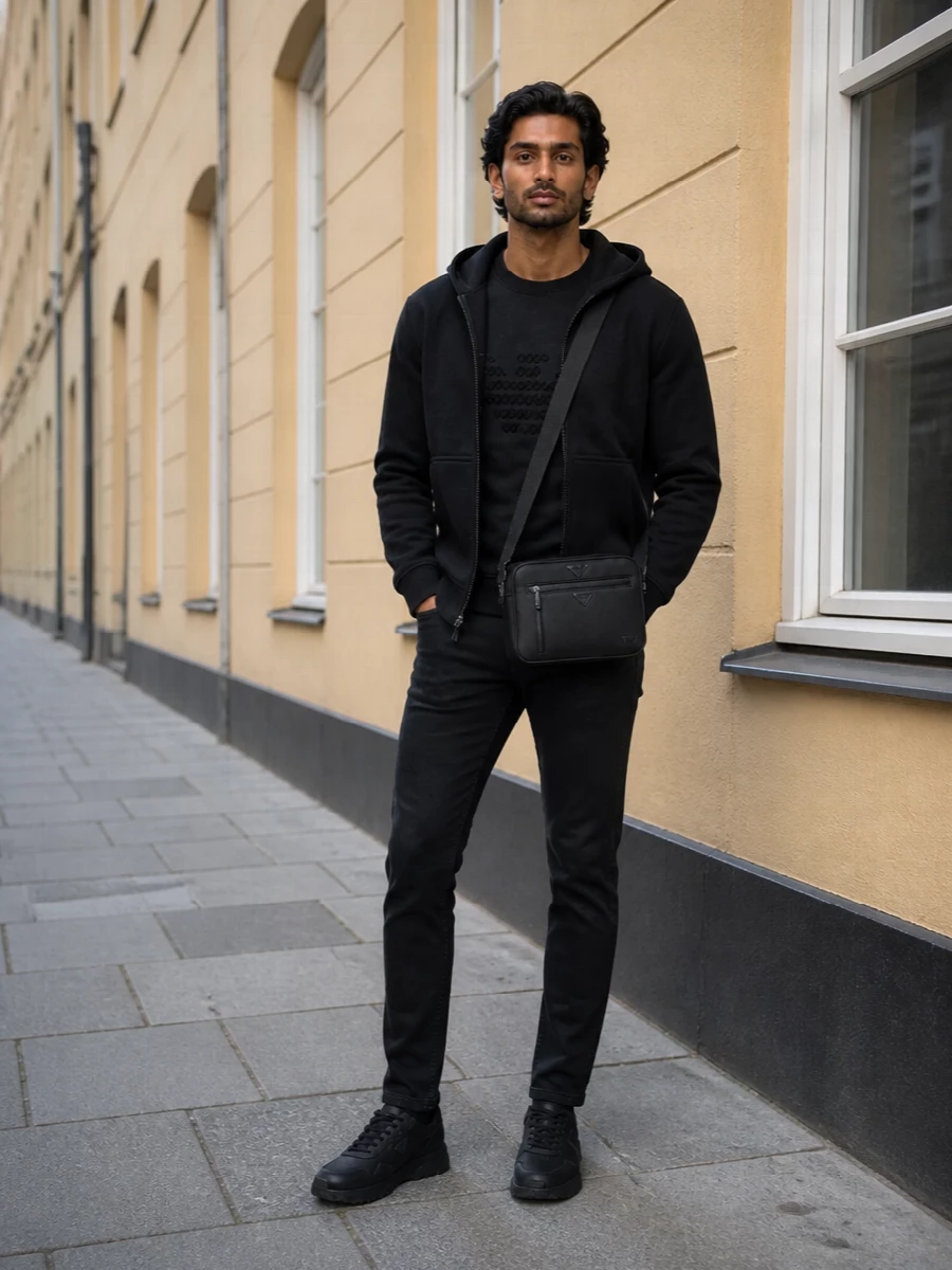 Emporio armani black bomber slim jeans outfit