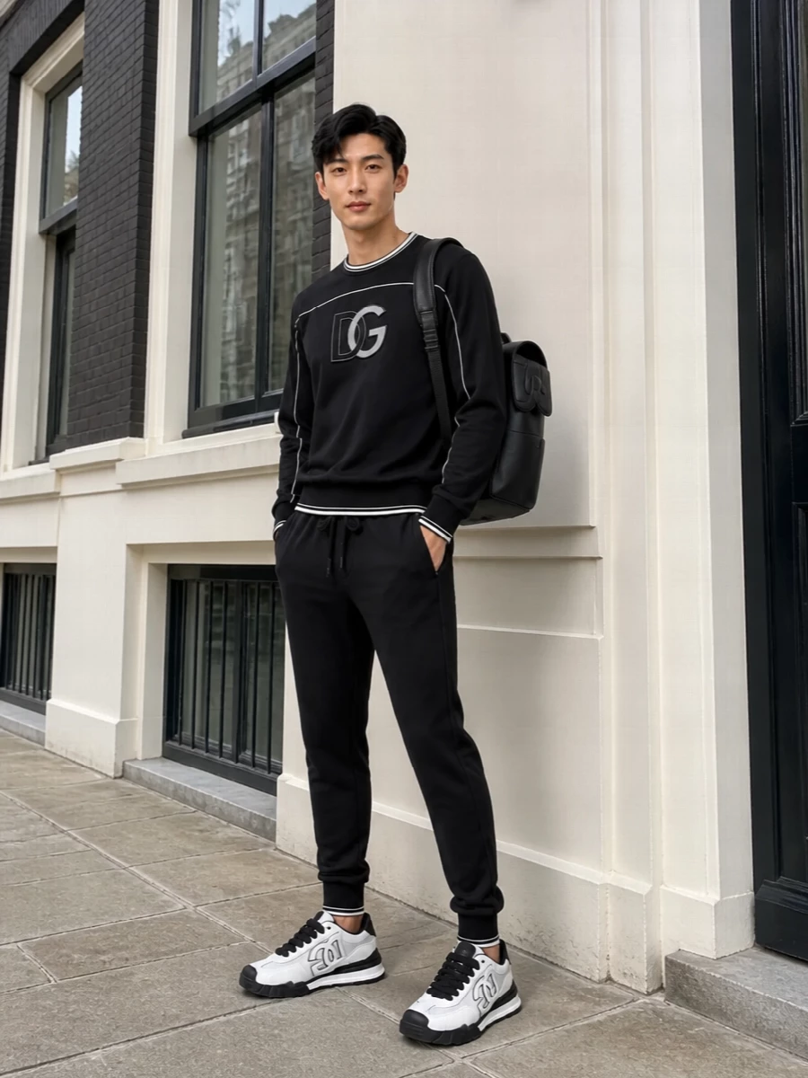 A monochrome DG tracksuit story built around graphic sneakers, this pairing keeps everything sleek and tapered so the runner feels intentional rather than bulky. The piped sweatshirt and matching joggers create one clean line, while the structured leather backpack brings a polished finish for city days and travel. It is sporty, logo‑driven and sharp without tipping into overdesigned territory.