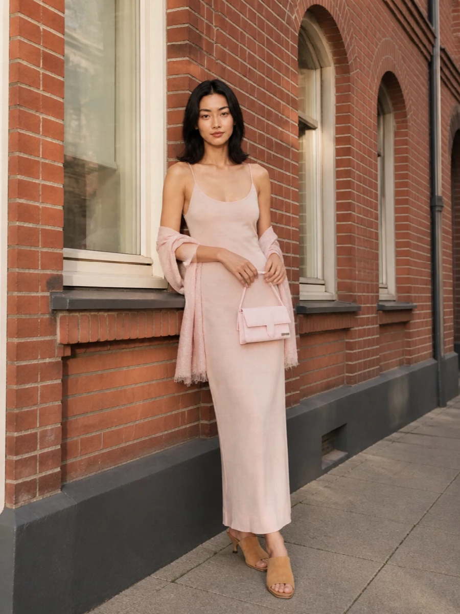Blush-on-blush keeps this slip feeling sensual yet restrained, with camel suede mules grounding the softness in something quietly grown-up. The woven mini shoulder bag holds the color story close to the body for a light, cocktail-ready finish. A gauzy blush wrap is there when you want an extra layer of romance without losing the clean lines.