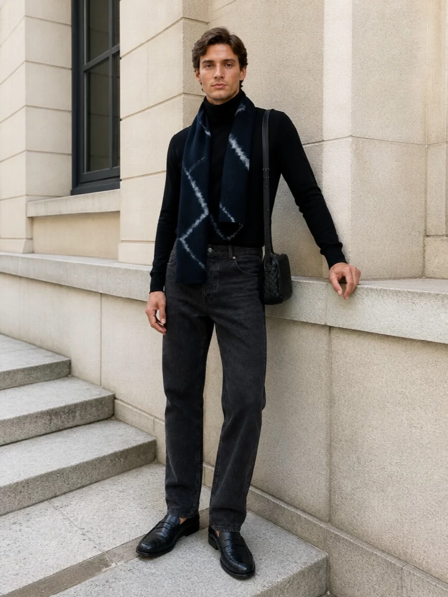 The row black turtleneck charcoal jeans outfit