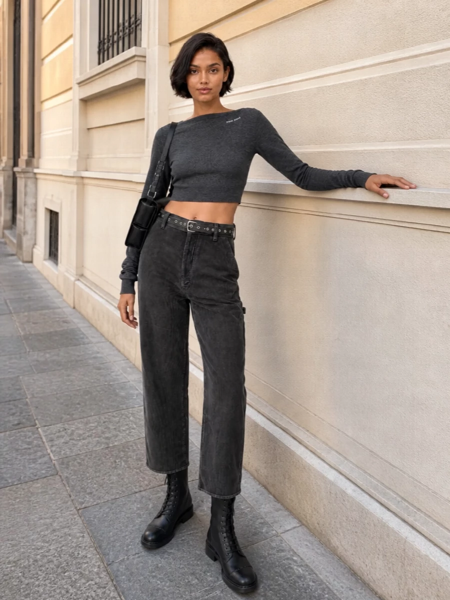 Miu miu charcoal cropped sweater utility trousers