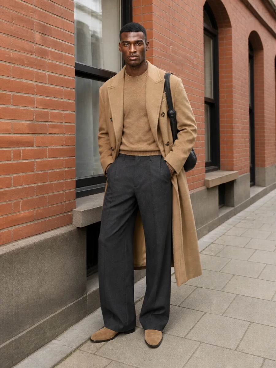 Ami paris camel coat wide leg charcoal trousers