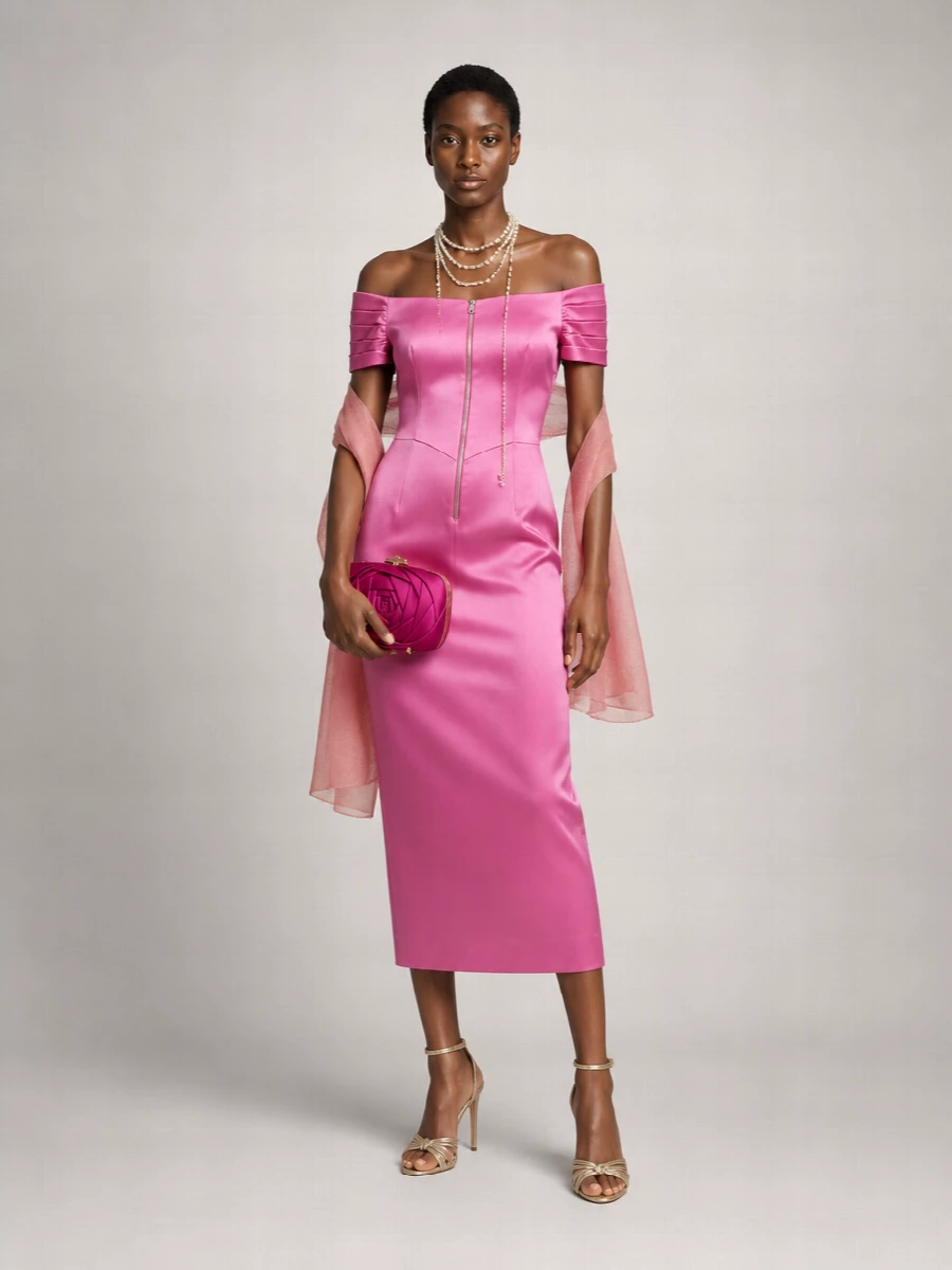 Prada Off-The-Shoulder Gathered Paneled Midi Dress