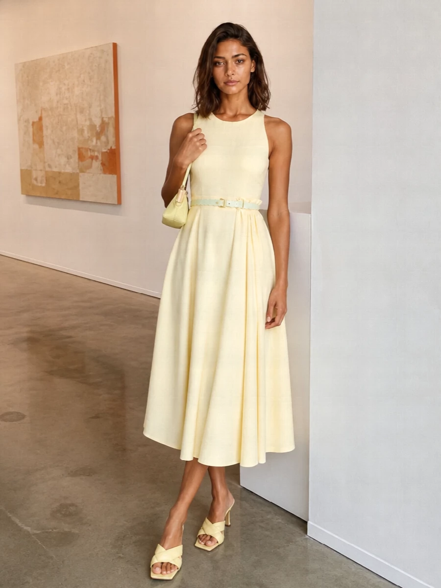 A softly tonal mix of butter yellow keeps this outfit serene and polished for summer weddings or garden parties. Sculptural heels, a structured clutch, and a whisper of mint at the waist bring just enough modern detail without breaking the gentle lines of the midi dress. The result feels quietly luxurious, romantic, and photogenic from every angle.
