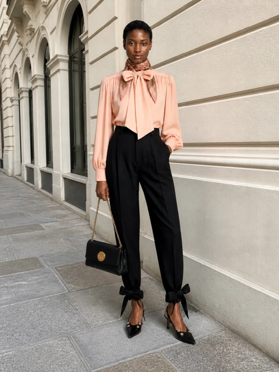Chloe black bow trousers peach silk blouse outfit