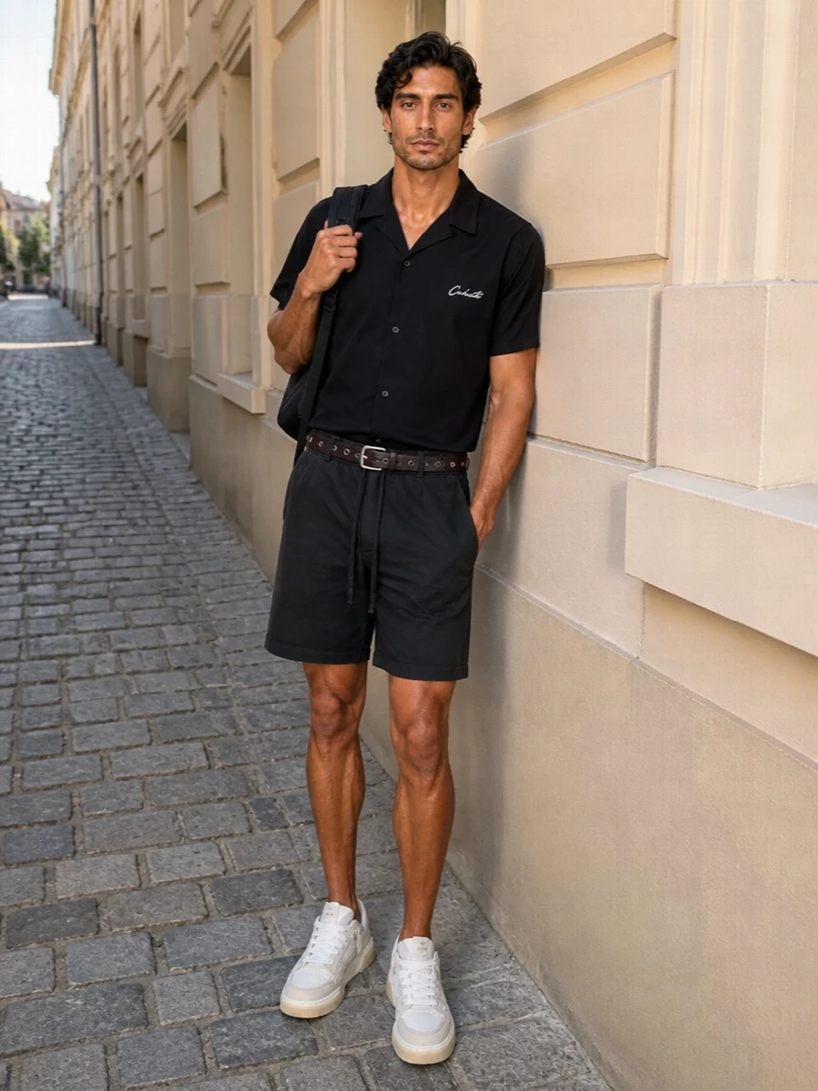 Carhartt camp shirt shorts represent sneakers