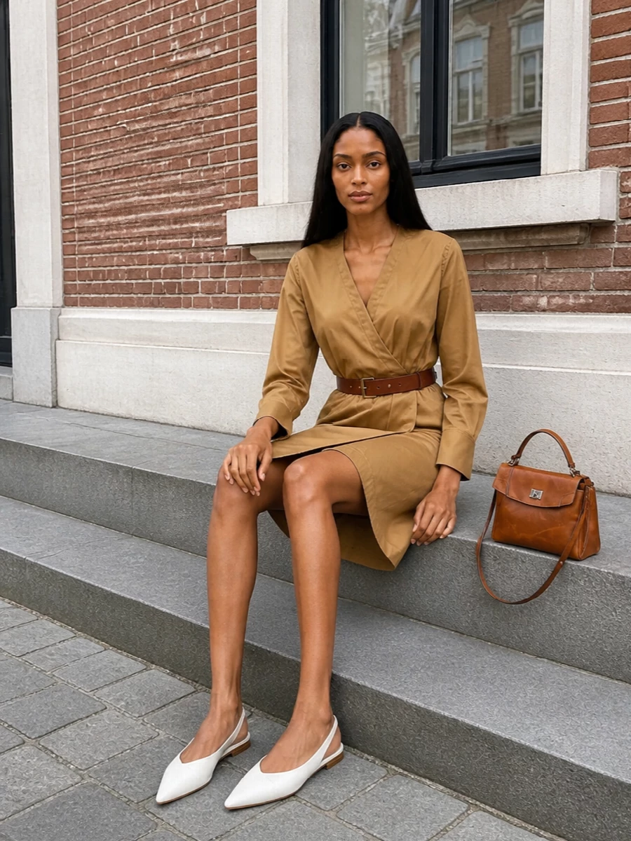 A camel Saint Laurent wrap dress and pointed ivory slingbacks build a quietly assertive uniform around the burnished tan bag. The warm browns and soft cream keep the palette tight, while the belted waist and low, sharp flat read tailored rather than casual. Choosing the dress path lets the bag sit cleanly against one uninterrupted column, which suits the quietly polished, meeting-ready spirit of the piece better than breaking it with separate tailoring.