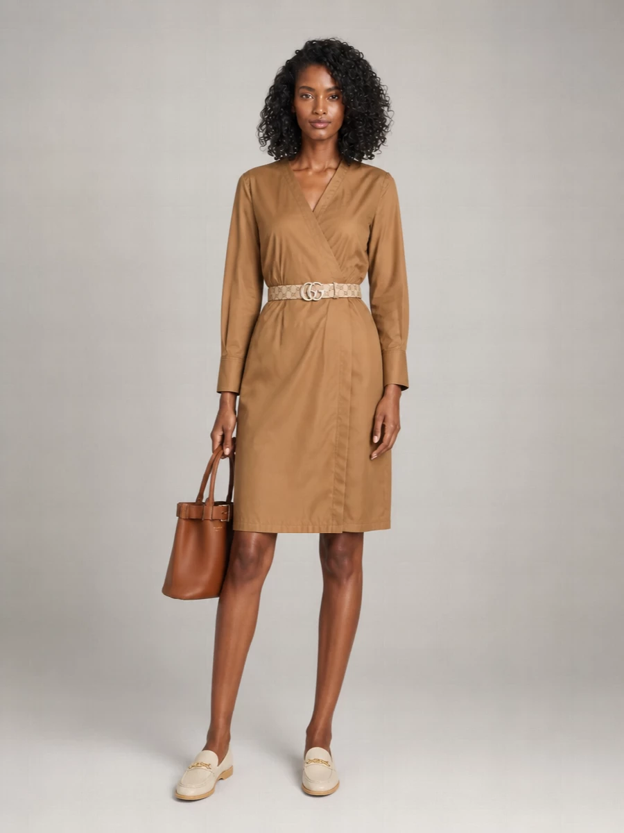 I’m styling the Gucci belt with the Saint Laurent camel wrap dress so the belt reads as a subtle logo accent against a clean, tailored base instead of fighting a top and trouser combo. Cream Tod’s loafers and the structured tan Prada tote keep everything in a warm neutral story, giving you a polished, street-aware city uniform that moves easily from meetings to dinner. The proportions stay classic and leg-lengthening, with the belt and wrap waist working together to define the midsection without feeling overdone.