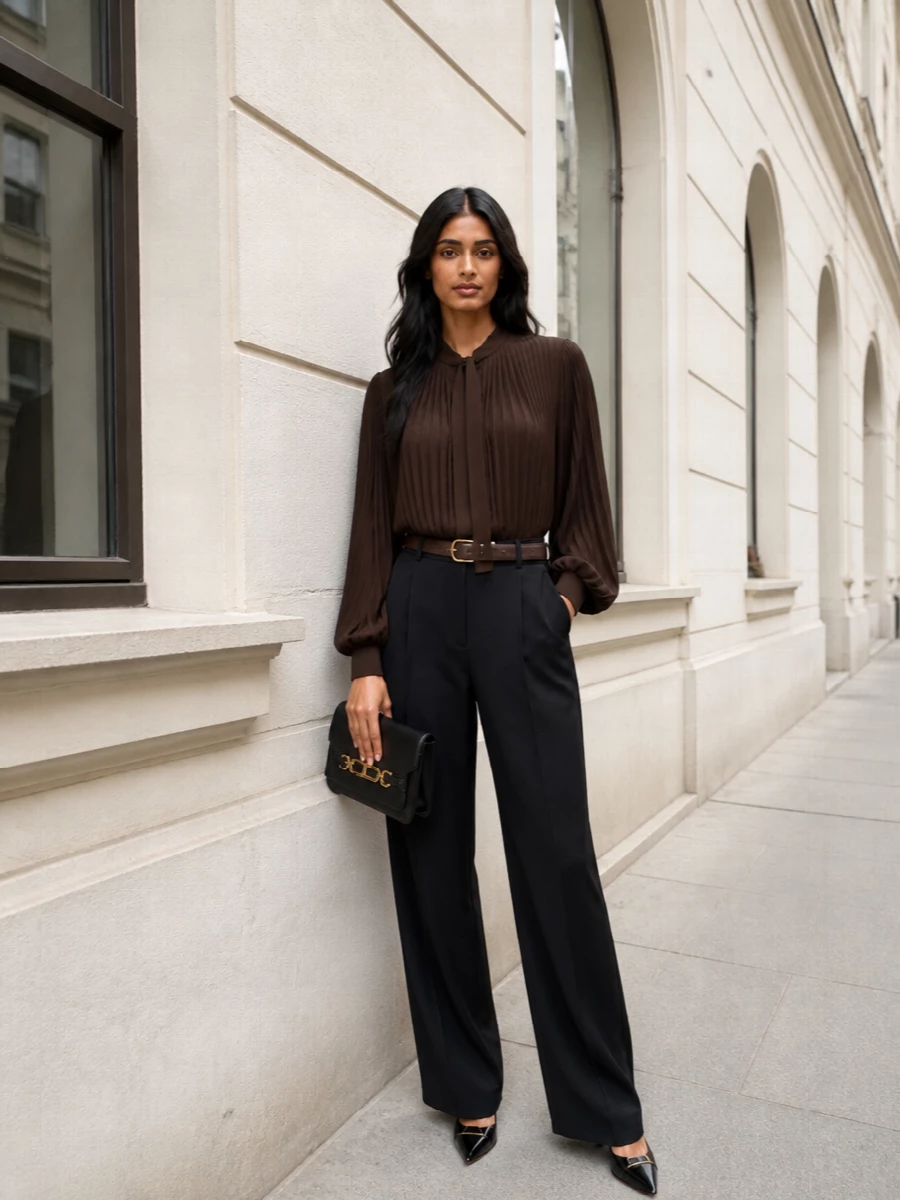 Deep chocolate and inky black create a quiet contrast that lets the pleated blouse do the talking, grounded by a high-rise, fluid trouser for a long, assured line. A pointed slingback and structured black bag introduce just enough metal detail to feel evening-appropriate while remaining disciplined and minimal. The dark leather belt subtly carves the waist so the volume reads intentional and sculpted rather than soft.