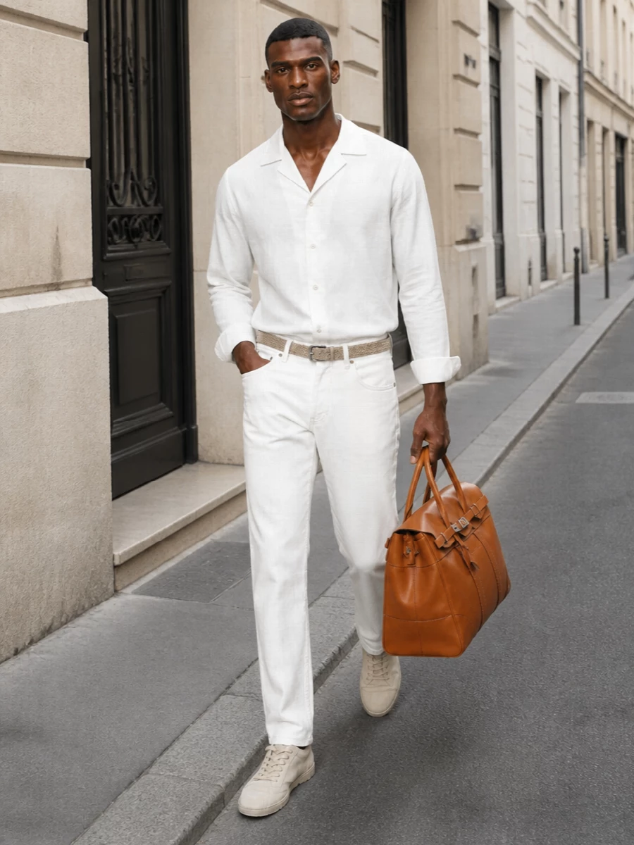 White Cucinelli five-pocket trousers are paired with a relaxed, soft-white Cucinelli shirt for a tonal, quietly luxurious SS look that feels polished yet effortless. Sand suede sneakers keep the silhouette light and modern, while a braided taupe belt and cognac weekender introduce warm leather accents that underline the refined off-duty mood. The result is an easy, sunlit uniform for city breaks or coastal weekends where understatement does all the work.