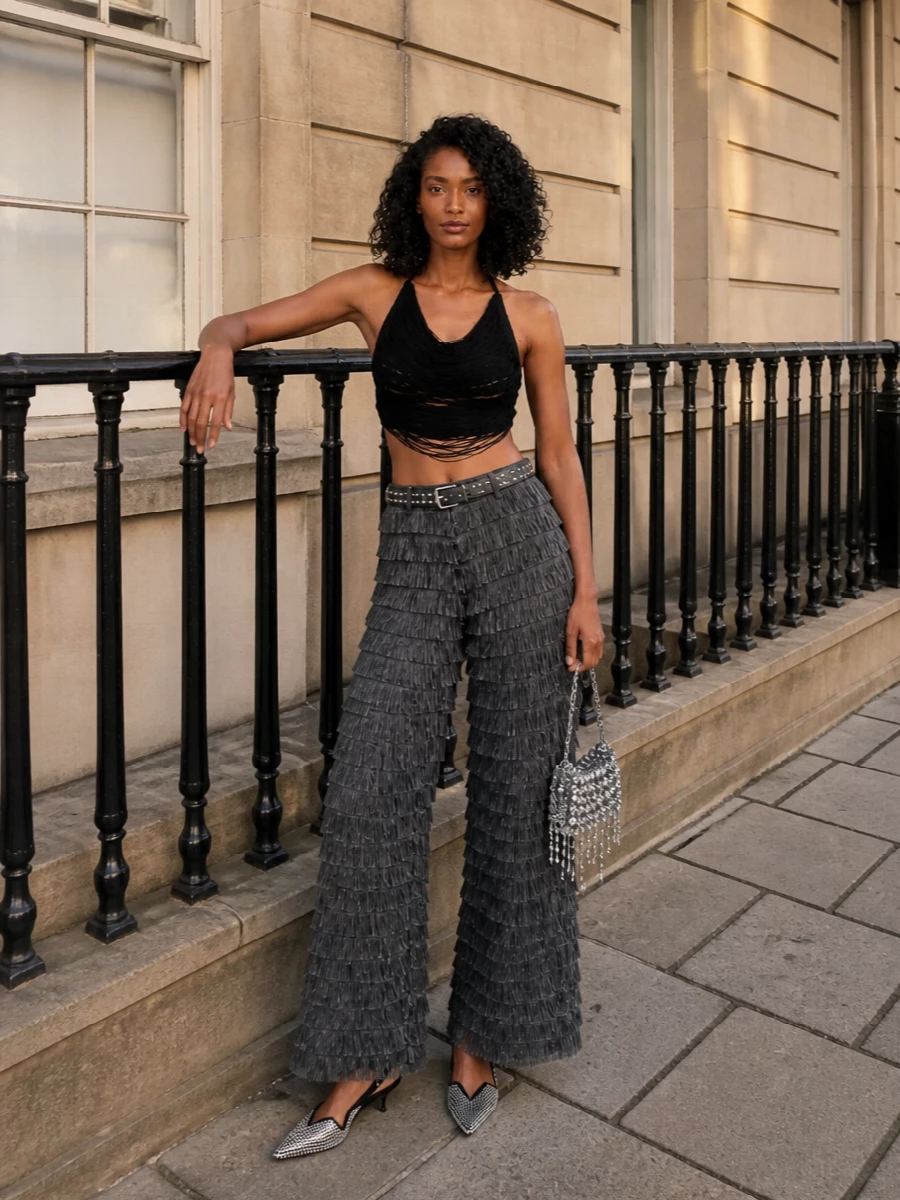 Alberta ferretti fringe trousers attico halter outfit