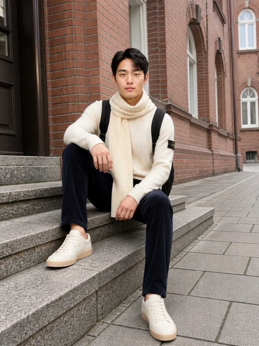 Stone island cream sweater navy cords prada sneakers
