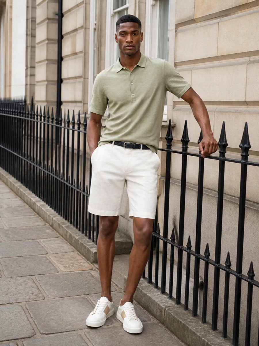 Barena sage polo off white tailored shorts outfit