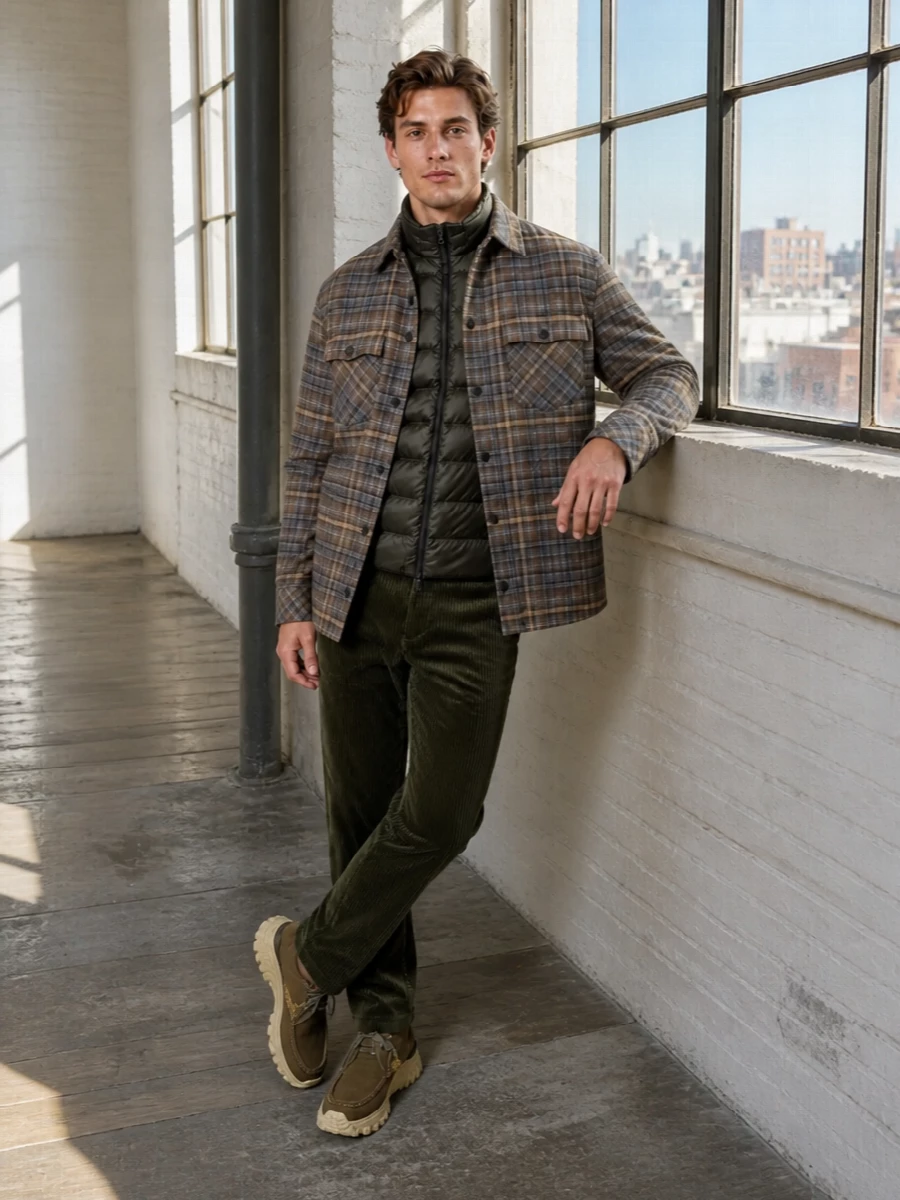 Moncler plaid overshirt olive corduroy boots
