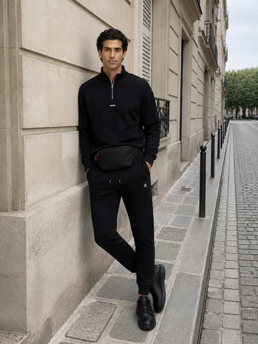 Hugo half zip sweatshirt black joggers outfit