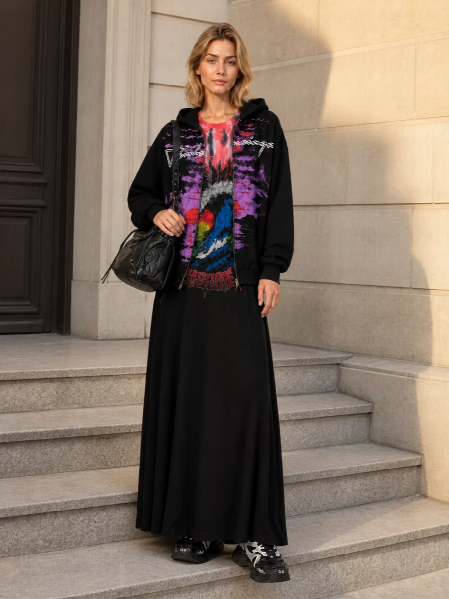 Balenciaga sunset hoodie tie dye maxi outfit