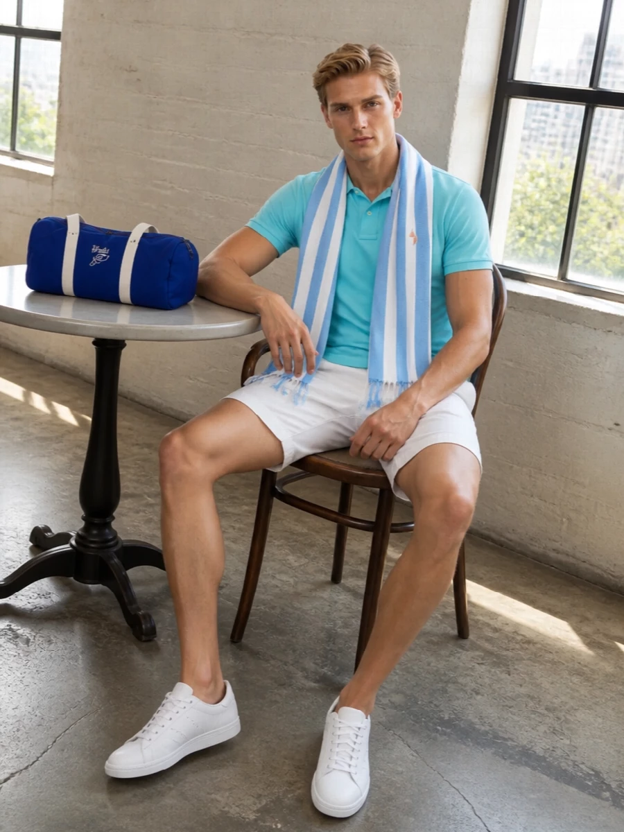 Sky blue and crisp white keep this Polo Ralph Lauren outfit sharp yet relaxed, ideal for warm days when you still want to look considered. The tailored chino short and clean white sneakers balance sport and prep, while the blue-striped scarf adds a subtle seaside note without fighting the simplicity.
