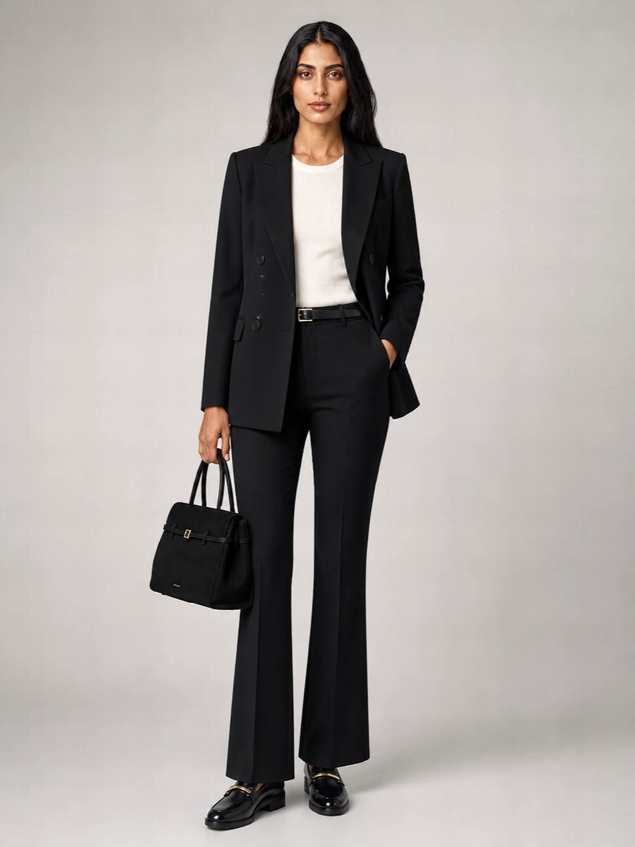 A sharp column of black tailoring lets the flared trouser and longline blazer do the quiet work of elongating and refining the silhouette. Grounding loafers and a structured tote keep the mood assured but not severe, ideal for full days that move from meetings to dinner. The slim belt quietly defines the waist so the proportions stay clean and intentional from every angle.