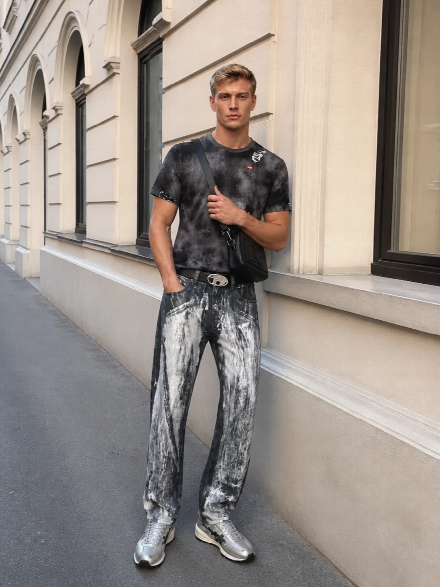 Diesel metallic jeans silver runners streetwear outfit