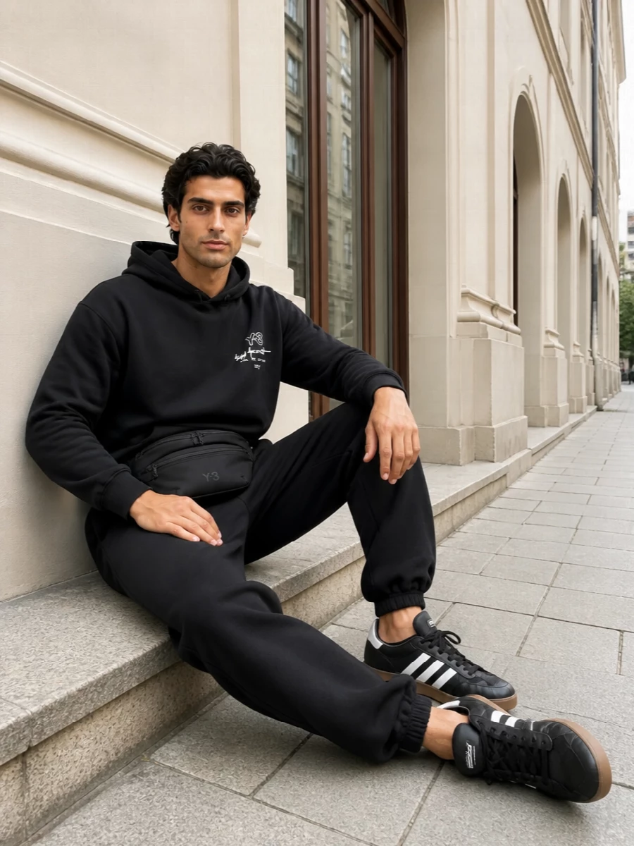 A black Y-3 hoodie sits over matching relaxed track pants, keeping the line clean, soft and quietly graphic in pure monochrome. Adidas terrace-style sneakers bring in a subtle gum detail and classic stripes, while the Y-3 belt bag finishes it with sharp, technical utility at the waist. It is a calm, athletic city uniform that feels considered from commute to late-night walks.